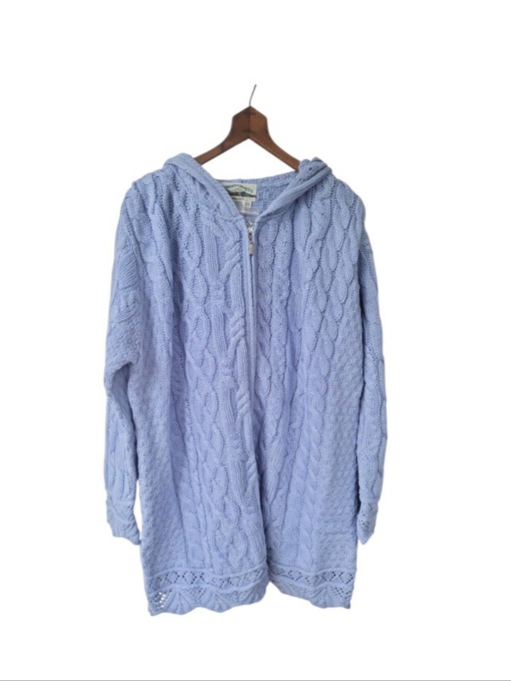 Aran Crafts Ireland Chambray Blue Full Zip Hooded Cable Knit Sweater XXL NWOT
